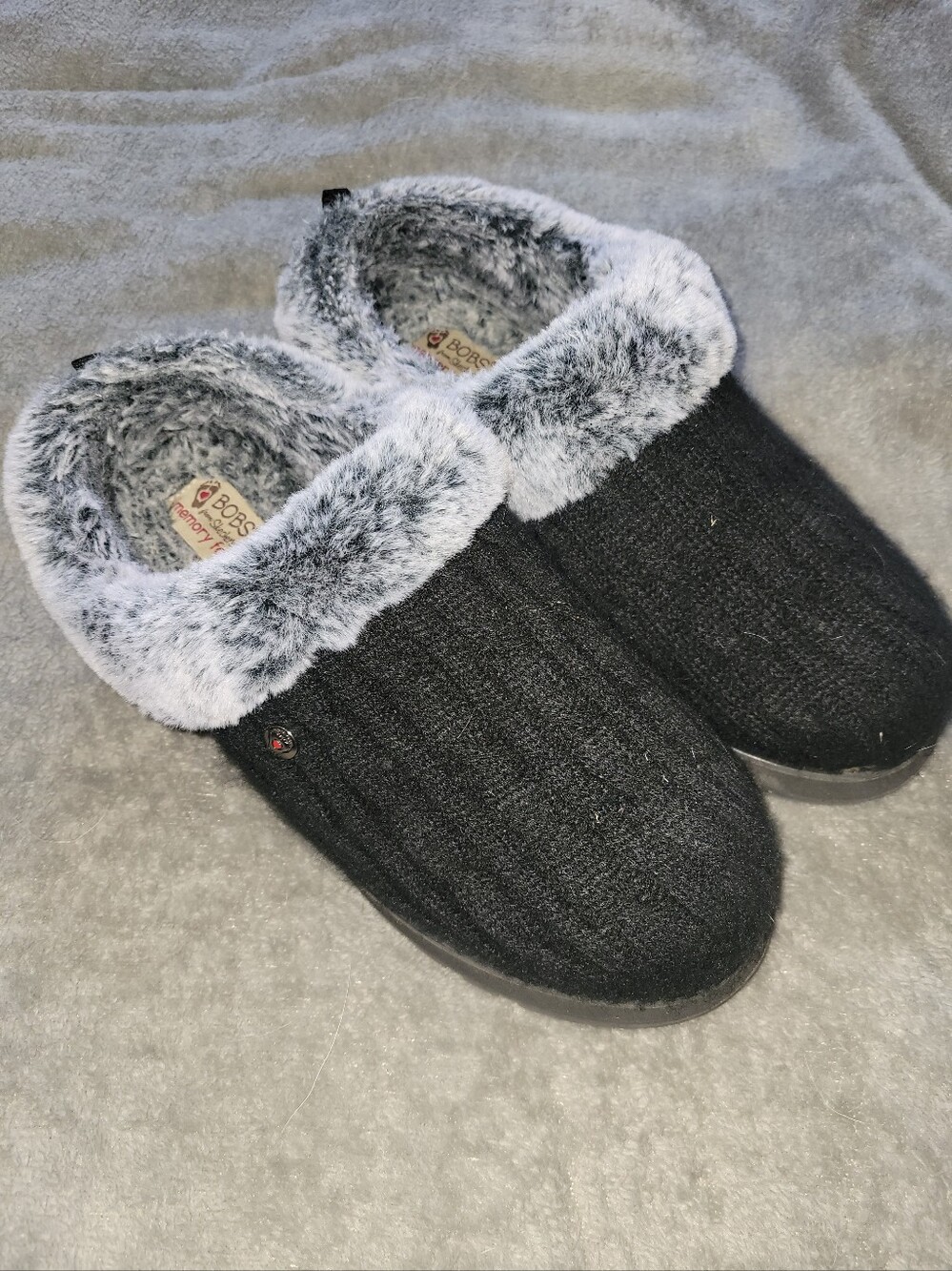 Skechers Bobs Black Knit Slip-On Clog with Gray Faux Fur Collar